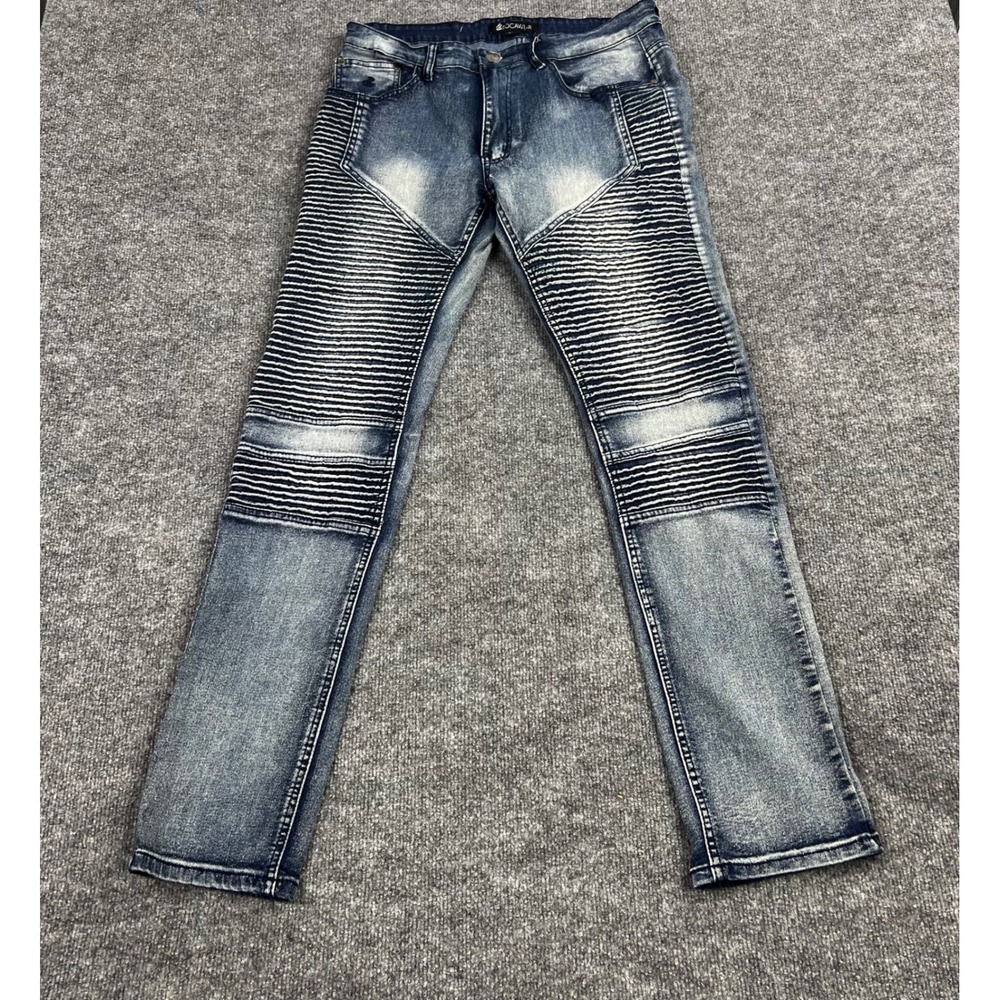 Rocawear Mens Biker Moto Jeans Blue Acid Wash Slim Straight Ribbed Denim W34 L31